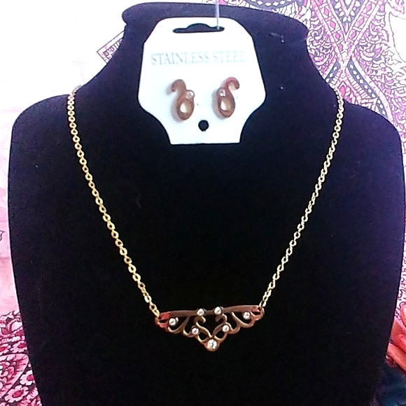 Gold SS Scroll Bar Necklace Earrings Set - Picture 1 of 3